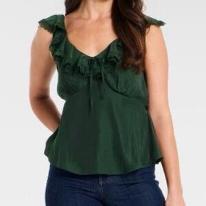 Elegant Forest Green Ruffle & Lace Top